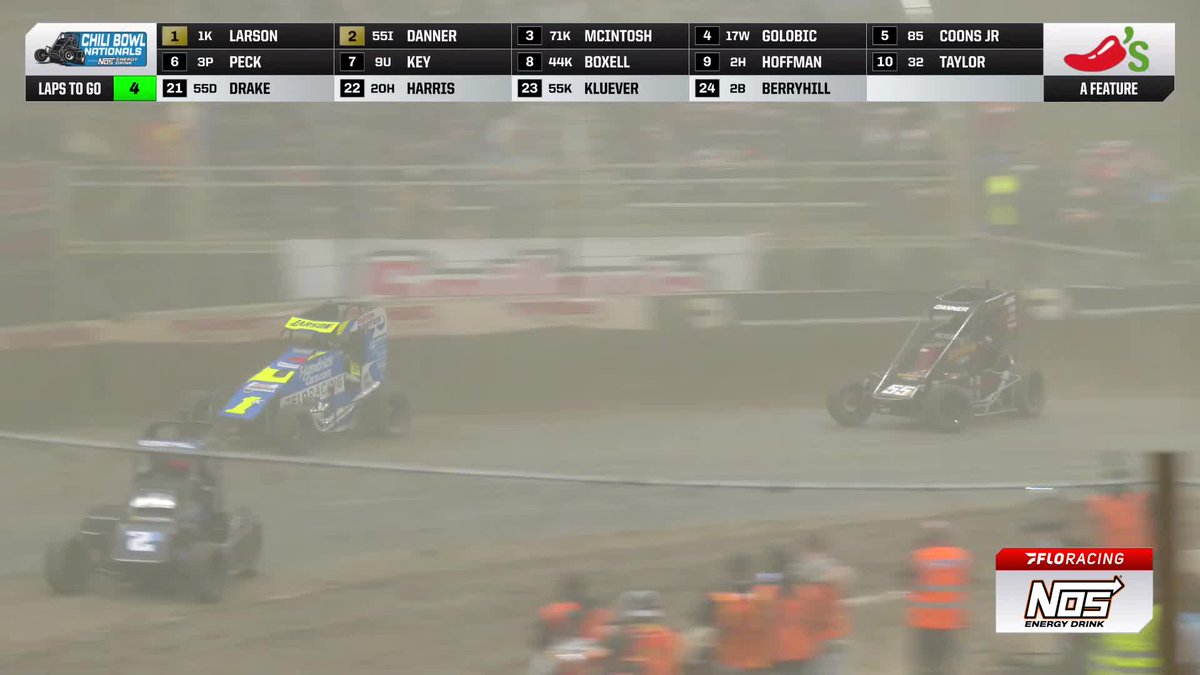 Back-to-back Monday victories for Kyle Larson after a great duel with @BriggsDanner78! Both drivers lock into the Saturday A-Main for the 40th #ChiliBowl powered by NOS Energy Drink.