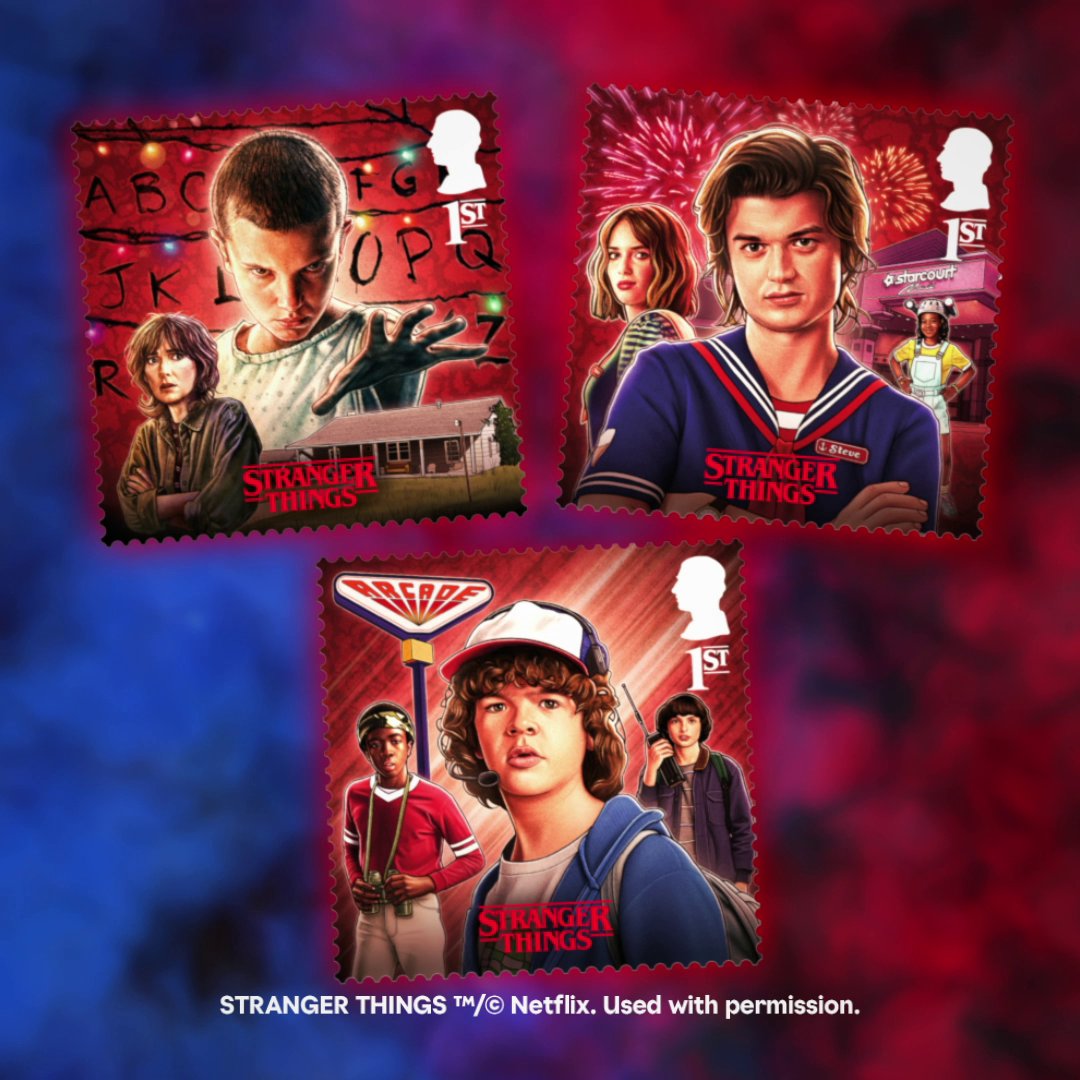 Stranger Things Stamps &amp; Collectibles are out today! 🚲🌲🔦👟 Celebrate five seasons of the hit 80s inspired TV show and grab your Stamps &amp; Collectibles today: