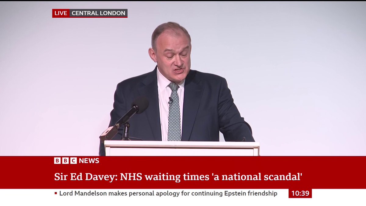 "Our package would make 6,000 extra hospital beds available to finally end the corridor crisis in A&E this year" Lib Dem leader Ed Davey outlines his party's plans to invest in the NHS and calls for a new law to "end 12-hour waits" in A&E