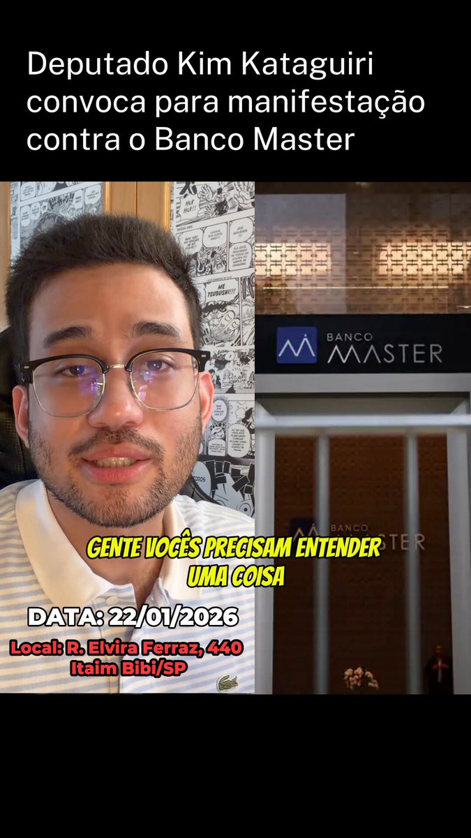 Convocação para ATO CONTRA O BANCO MASTER! Data: Quinta-feira, dia 22 de janeiro, às 19h. Local: R. Elvira Ferraz, 440 - Itaim Bibi/SP Clique aqui para participar: