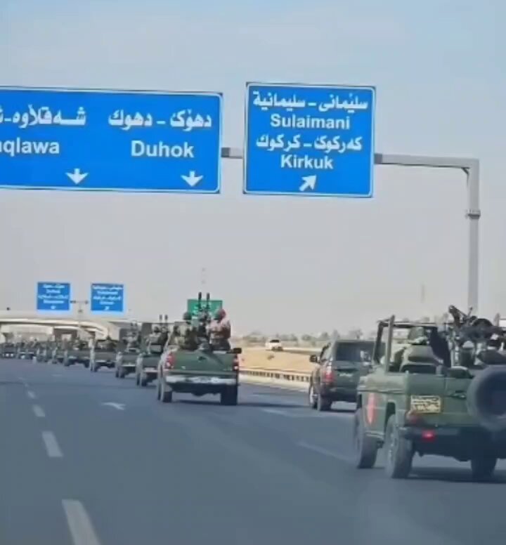 عندما تشاهد هذا المنظر على طريق أربيل/قامشلو فعليك أن تهرب بسرعة لأنه سيعني أن هناك طرف ثالث أيضآ سيدخل الى الحرب من الجو 😉