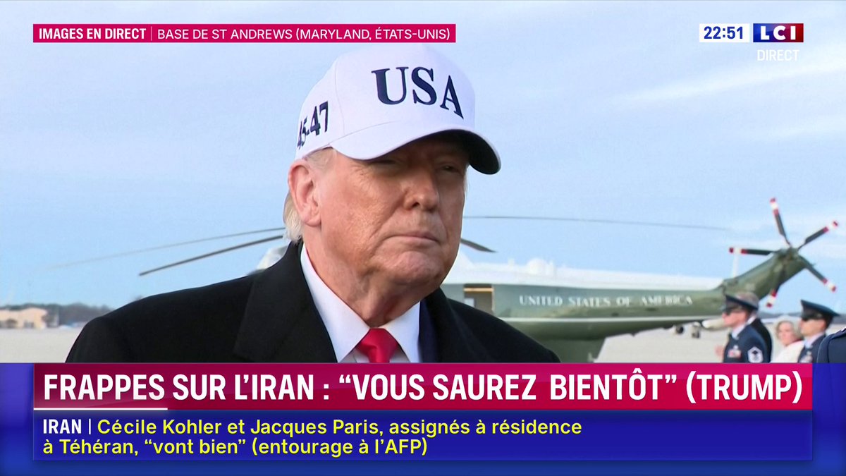"La situation là-bas est terrible. Dans une vingtaine de minutes, j'aurai des chiffres précis des victimes en Iran", affirme Donald Trump depuis la base de Saint-Andrews (Maryland). "Je sais exactement la décision que je vais prendre mais je ne peux pas vous la donner à ce stade"