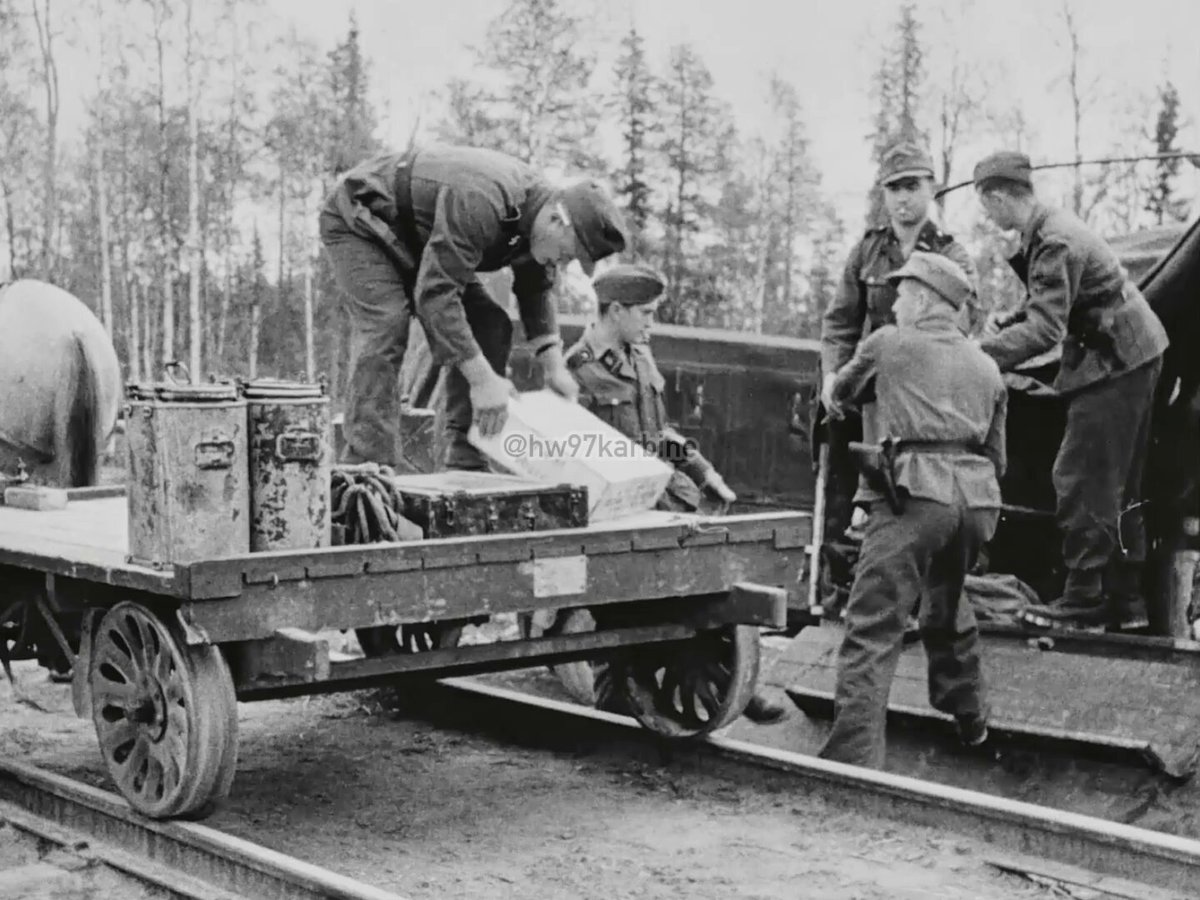 Horse-drawn carts on rails bring supplies to German troops in Finland in 1942