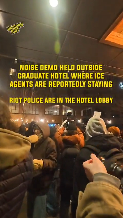 Happening Now: Hundreds of protesters are holding a noise demo outside of the Graduate by Hilton Hotel in Minneapolis where ICE agents are reportedly staying. Drums, guitars, pots and pans are in-tune to "fuck ICE" and "ICE out" chants. Riot police are currently in the lobby.