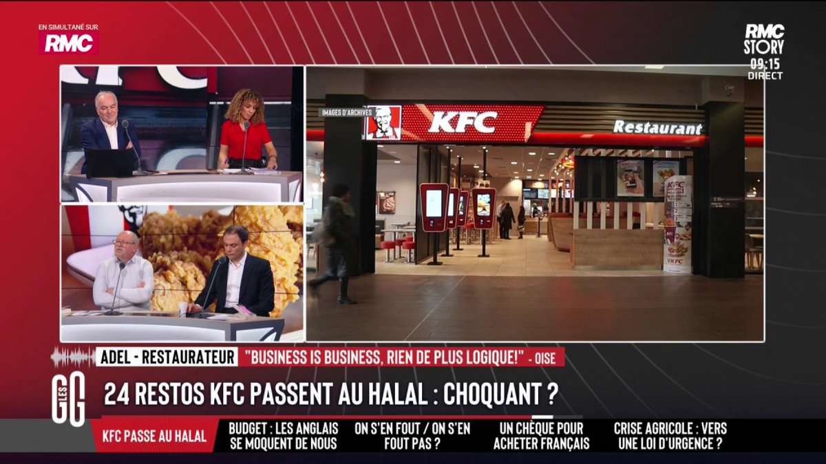 🎙️ Adel, restaurateur, au 3216 : "C'est juste du business. Ça ne fait réagir que des gens qui ne mangent pas KFC. Moi on me demande 1 fois sur 4 si mes brochettes sont halal." 🎙️ Olivier Truchot : "Donc il faut accepter de tous manger halal." #GGRMC