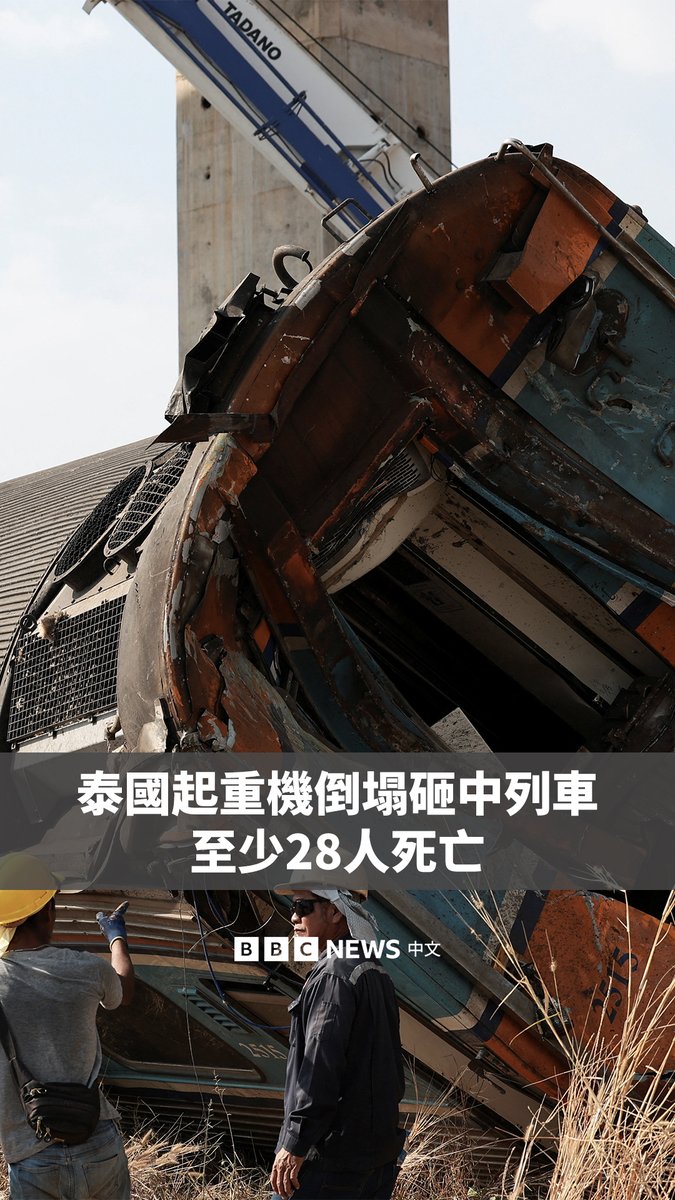 泰国呵叻府一台施工中的起重机在9点左右突然倒塌,砸中了一列正在行驶的火车。目前已造成至少28人死亡,64人受伤。 这趟列车由曼谷开往泰国东北部乌汶府,当时载有至少195名乘客。起重机倒塌后,列车脱轨并短暂起火。