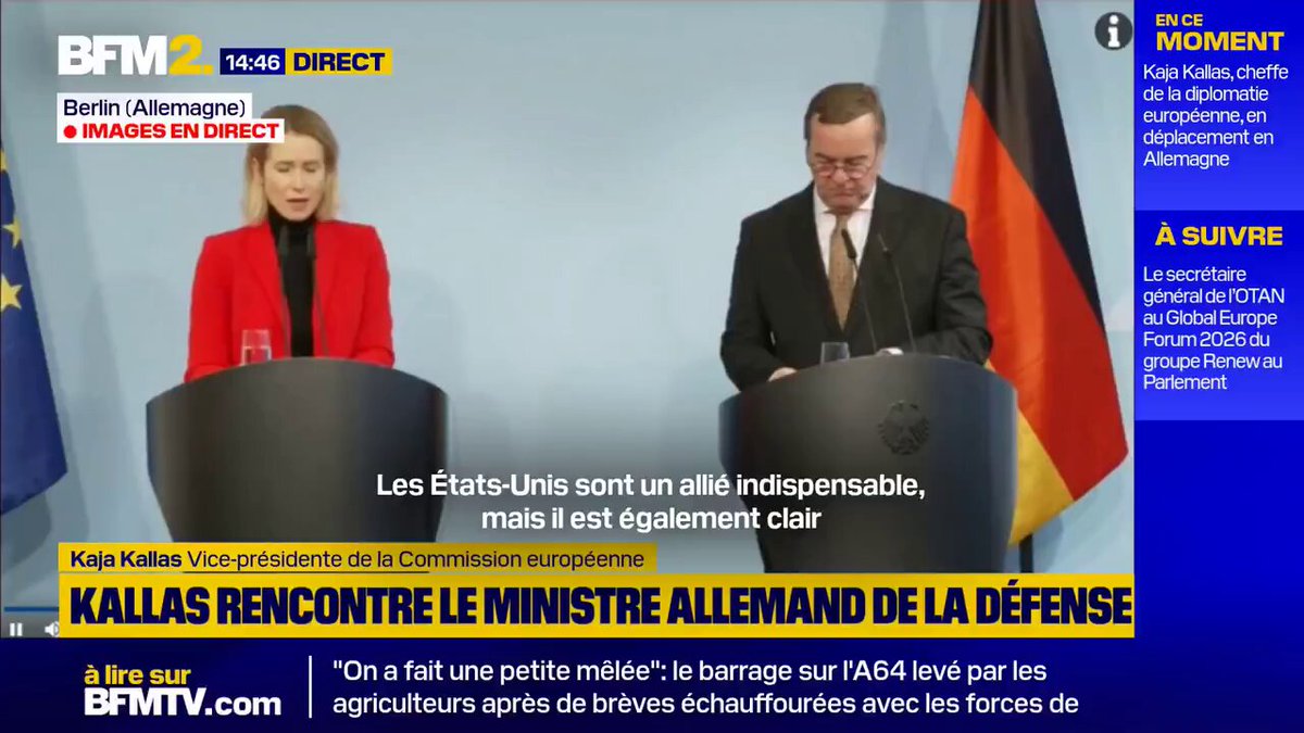 [ 🇺🇸 ÉTATS-UNIS | 🇪🇺 EUROPE ] 🔸 « Il est clair que nos relations ne sont pas aussi bonnes qu’auparavant. Dans chaque alliance, il y a des moments de désaccord ouvert, mais l'Europe ne vas pas jeter aux orties 80 ans de relations transatlantiques. » - Cheffe de la diplomatie européenne Kaja Kallas