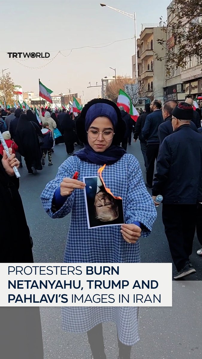 Protesters burned printed images of Israeli Prime Minister Benjamin Netanyahu, US President Donald Trump, and the exiled son of Iran's deposed Shah, Reza Pahlavi, during a pro-government rally backing Tehran and rejecting foreign interference