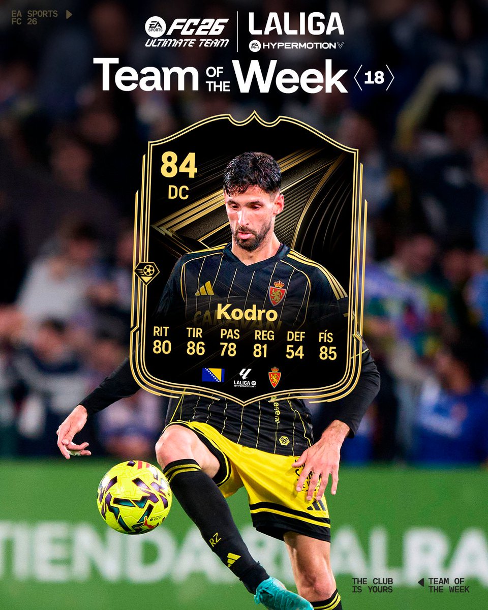 🌟 Un partido memorable. 🦁 Kenan Kodro entra en el #FC26TOTW de EA SPORTS FC ESPAÑA tras su hat-trick en la victoria del Real Zaragoza en el último partido de #LALIGAHYPERMOTION. 🎮 ¿Te vas a hacer con su ítem?