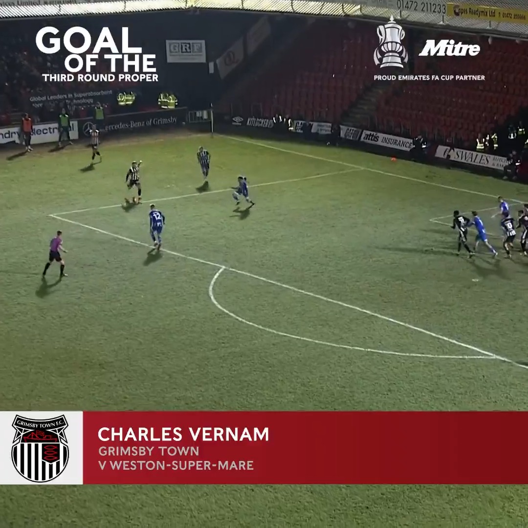 What a strike! ☄️ Charles Vernam's opener for Grimsby Town F.C. is your Mitre Sports Goal of the Third Round! 🙌 #EmiratesFACup