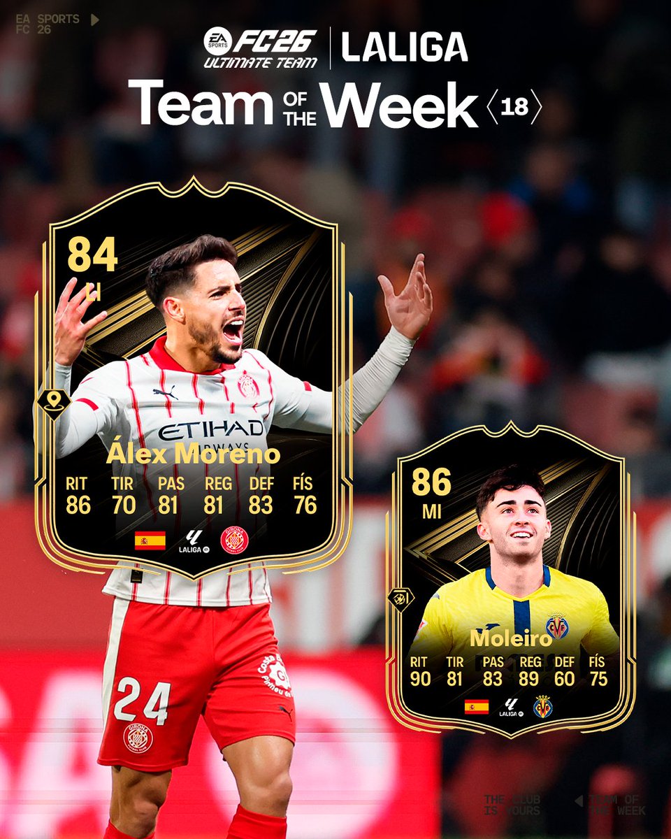 🚨 TEAM OF THE WEEK TIME. LALIGAEASPORTS brilla esta jornada en FC26TOTW (EA SPORTS FC ESPAÑA) con los ítems de Alberto Moleiro y Álex Moreno.