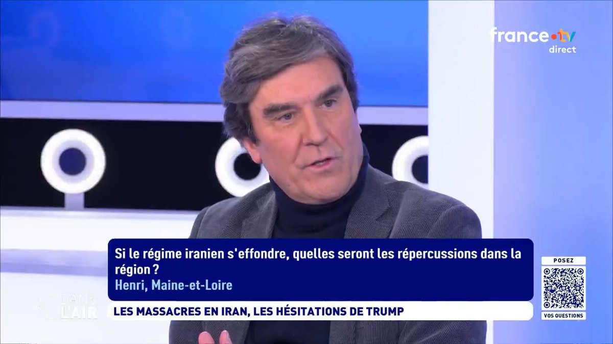 "Si le régime iranien tombe, c’est la chute du mur de Berlin pour le Moyen-Orient (…) Cela étant, la question, c’est le jour d’après. On a vu ça le 9 avril 2003 à Bagdad : tout le monde était content ; un an après, c’était le chaos". Georges Malbrunot dans #cdanslair