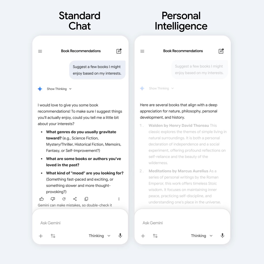Next time you’re looking for a book to read, a show to watch, or an item to shop for, all it takes is a single prompt. By activating Personal Intelligence, Gemini can connect to your Google apps and give you suggestions that are customized for you.