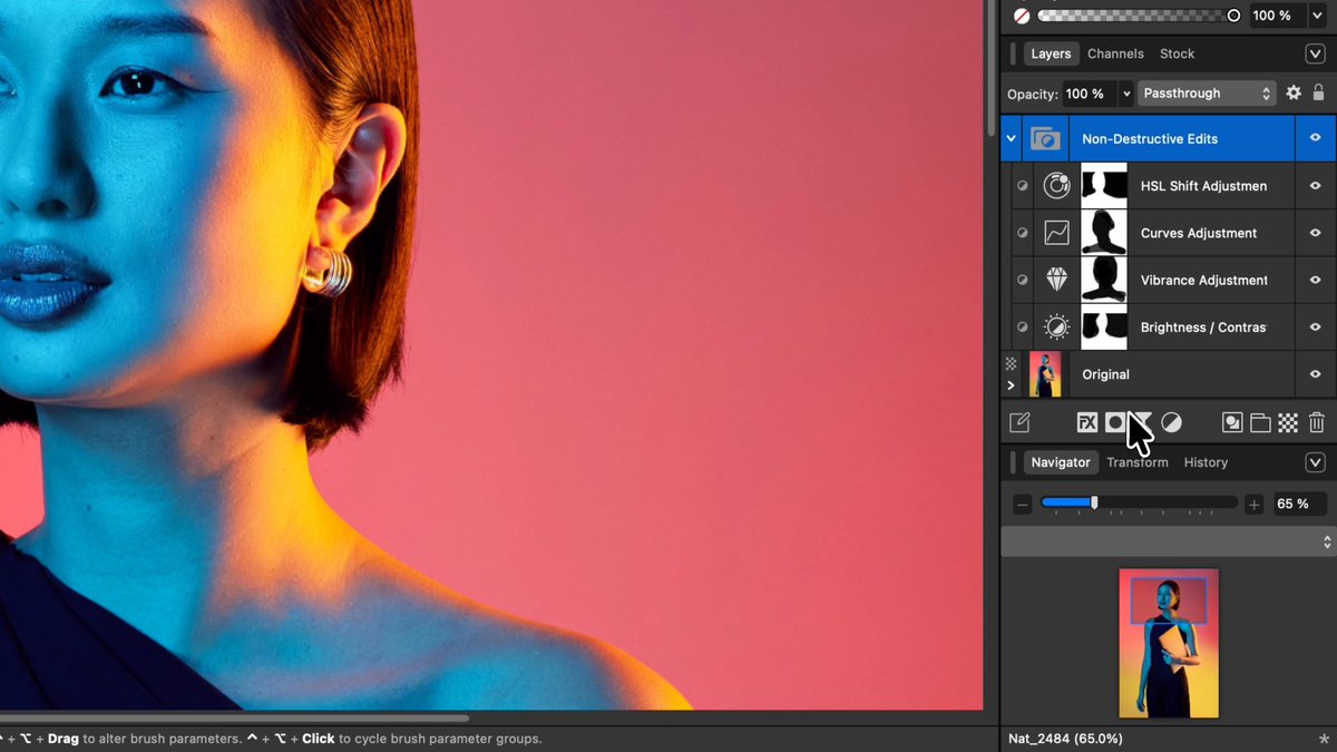No more committing, flattening or duplicating layers to keep your options open. Affinity’s non-destructive workflow means every filter, mask and transform stays live, so you can go back, fine-tune or scrap entirely.