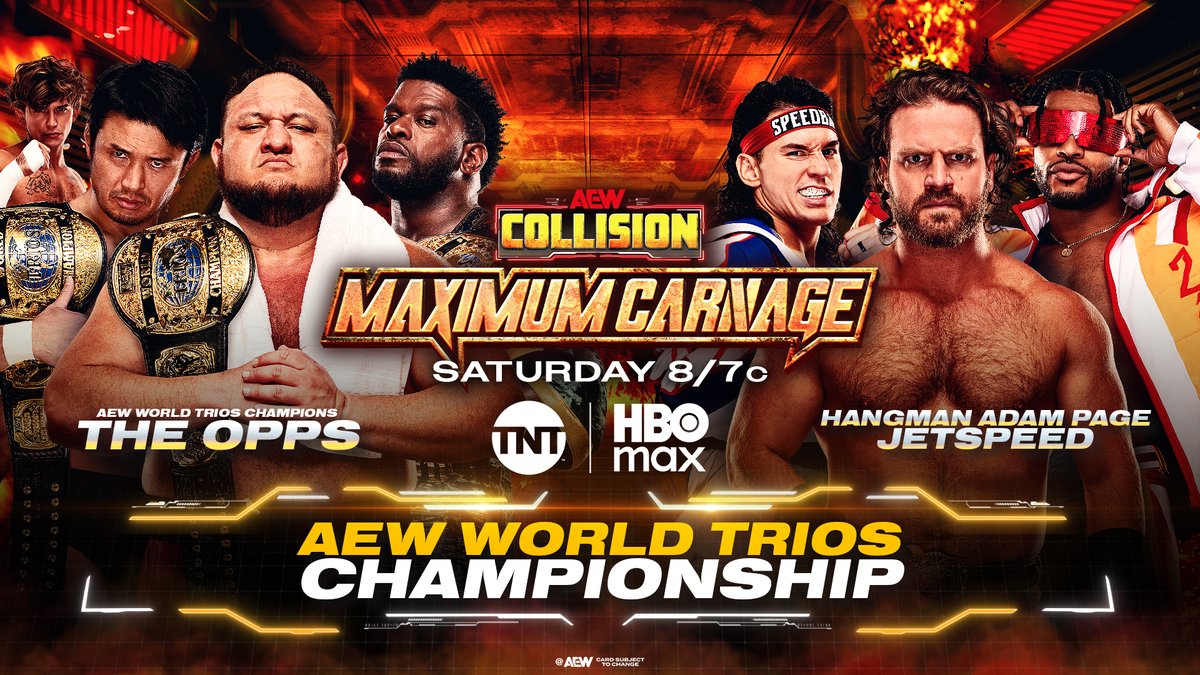 A major challenge has been issued! Hangman Adam Page and JetSpeed set their sights on The Opps this Saturday at #AEWCollision Maximum Carnage for the #AEW World Trios Titles! Watch #AEWDynamite LIVE on TBS &amp; HBO Max