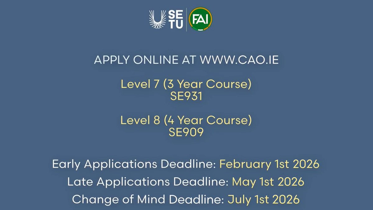 CAO applications are now open for the FAI SETU Carlow Sport Coaching &amp; Business Management (Football) course ⚽️ Modules include: ⚽️ Player Development 📚 Coach Education (up to UEFA B) 🎓 Business Management 🏋️‍♂️ Strength &amp; Conditioning Find out more at: