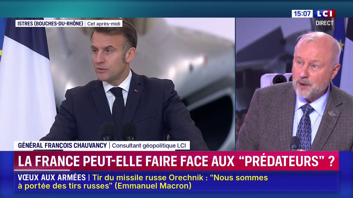 🔴 "Nous sommes à portée de ces tirs" russes de type Orechnik : E. Macron devant les armées à Istres 🗣️ "Ça met l'anxiété au plus haut niveau puisqu'on ne sait pas à quel type d'agression on a affaire et ça remet en cause la réflexion sur la dissuasion" : général Francois Chauvancy