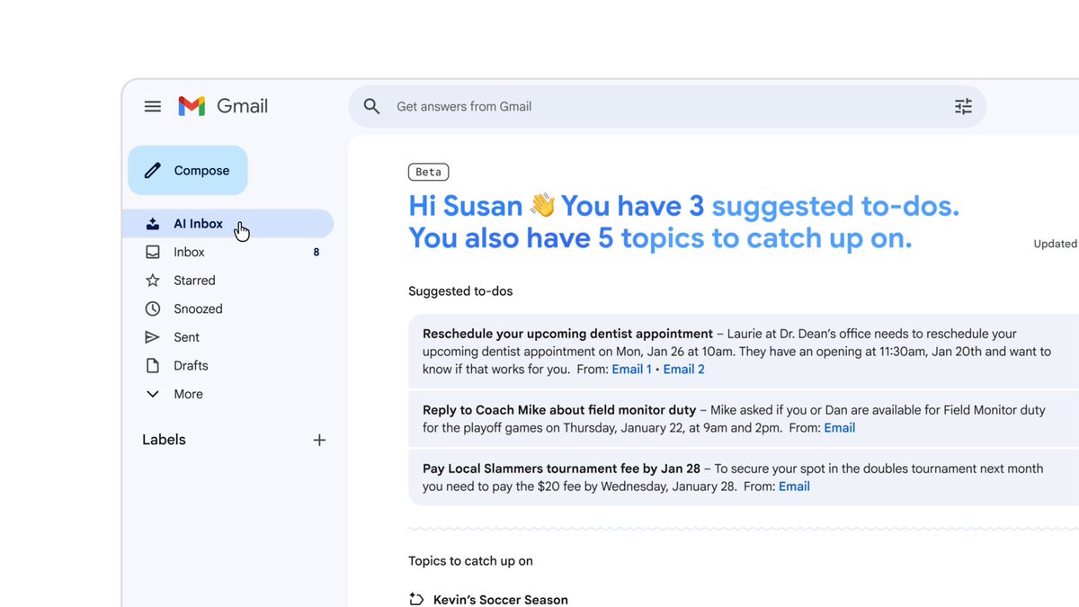 The new era of Gmail means you have a personal, proactive inbox assistant. 📩✨ AI Inbox prioritizes what matters most, AI Overviews turns your questions into instant answers, and Suggested Replies helps you hit send faster. Find out where these features are rolling out in the blog →