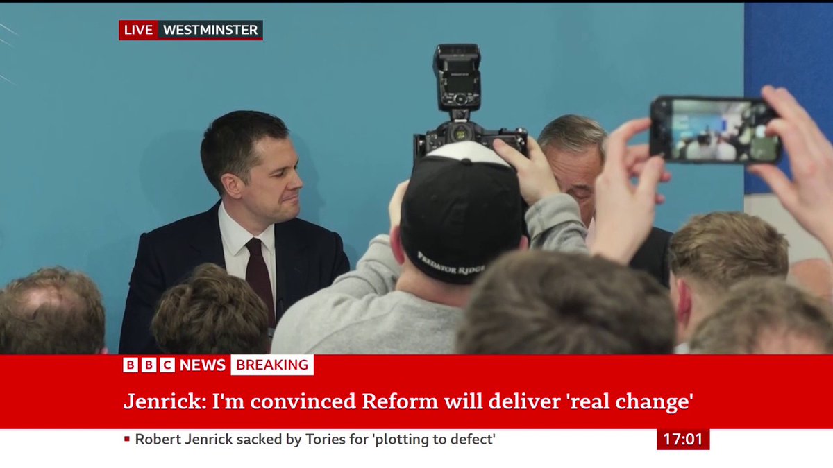 Jenrick is asked when he decided to defect and Farage is asked whether Reform is becoming “Conservative 2.0” by Chris Mason Farage says members of other parties have defected while Jenrick says he came to the conclusion the Tory Party can't change