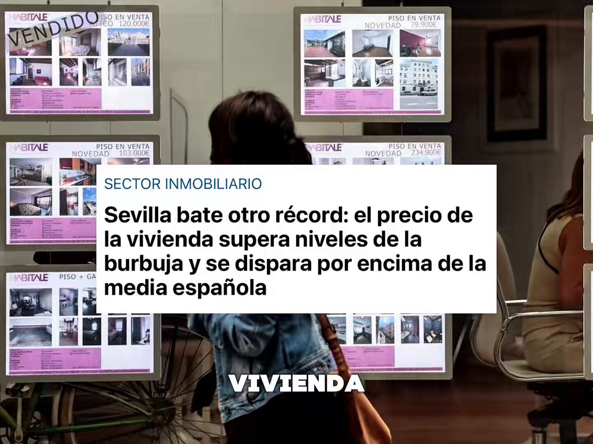 Dice el PP que “construir más hace bajar el precio de la vivienda”. La realidad en Sevilla: en tres años de gobierno han liberado suelo para la construcción de más de 5.000 viviendas, y los precios han alcanzado su máximo histórico. Las mentiras del PP se desmontan solas.
