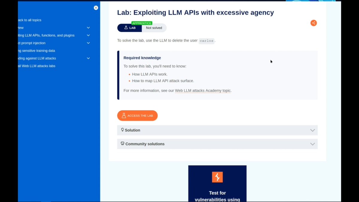 Let's (ab)use an LLM API with excessive agency to delete Carlos' user account! (sorry Carlos!) Try it yourself here: