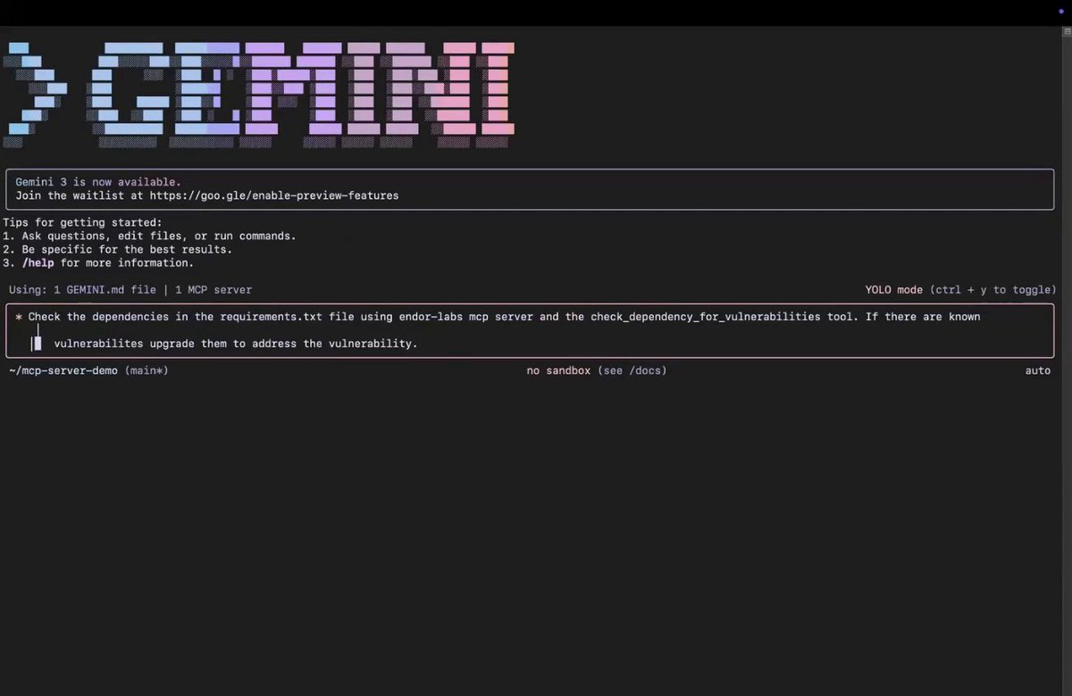 Analyze code and scan for vulnerabilities using natural language in your terminal 🔎 → Endor Labs built a Gemini CLI Extension that acts as an MCP server to help you maintain secure dependencies.