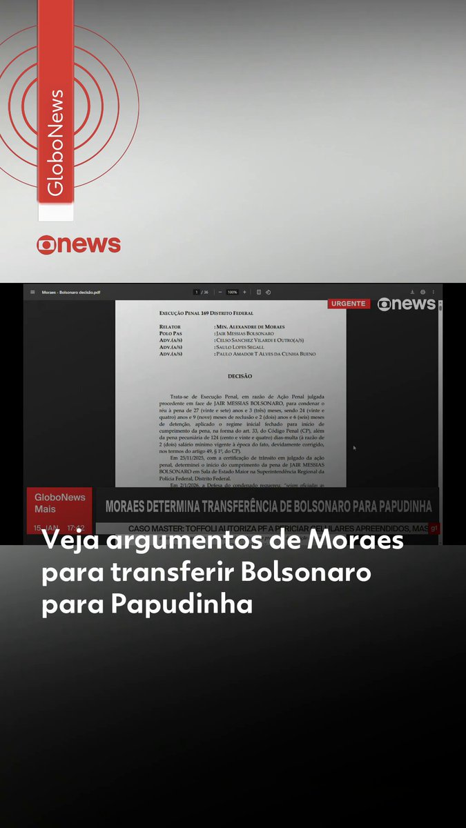 Ex-presidente preso - O ministro Alexandre de Moraes, do Supremo Tribunal Federal (STF), determinou a transferência do ex-presidente Jair Bolsonaro (PL) da Superintendência da Polícia Federal no Distrito Federal para o 19º Batalhão da Polícia Militar - PMDF, conhecido como Papudinha. O batalhão fica localizado no Complexo Penitenciário da Papuda, também o Distrito Federal. Bolsonaro deverá ser alocado em uma sala de Estado maior no local. Segundo o STF, a cela que será ocupada por Bolsonaro é igual a que Anderson Torres cumpre pena. Moraes também determinou que Bolsonaro tenha "assistência integral, nas 24 (vinte e quatro) horas, dos médicos particulares anteriormente cadastrados, sem necessidade de comunicação prévia". Veja mais no #g1. #bolsonaro #moraes #g1política #papuda #papudinha