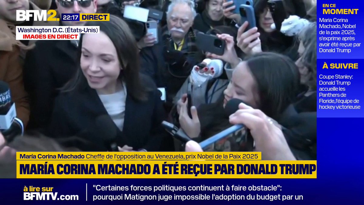 💬 "J'ai remis au président des États-Unis la médaille, le prix Nobel de la Paix" María Corina Machado, la cheffe de l'opposition au Venezuela, s'exprime après sa rencontre avec Donald Trump à la Maison Blanche #BFM2