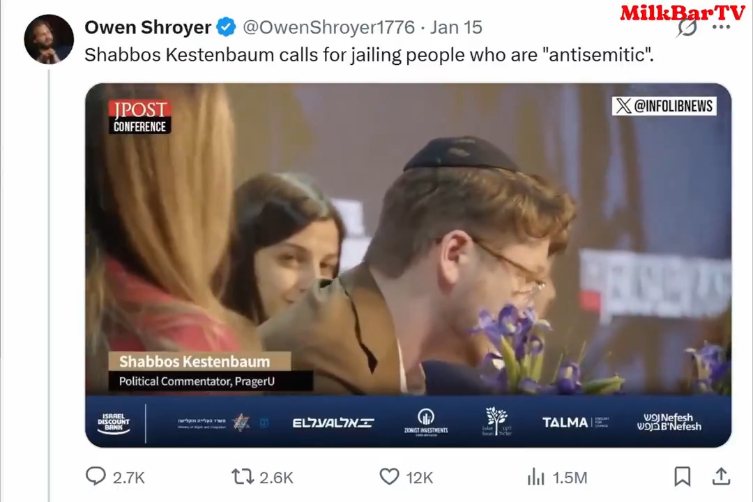 🚨Watch the PLAYBOOK for how low-IQ, bad-faith grifters like Owen Shroyer take edited clips out of context to RAGE-BAIT: Owen Shroyer’s viral post: Shabbos Kestenbaum calls for jailing people who are “antisemitic.” What Daniel Collins actually said - that Shroyer DIDN'T SHOW: “I don’t care if people think that we have horns. I don’t care if people think we control the banks. I don’t care if people think we run Hollywood. Let them think what they want. What I care about is when they throw rocks through the synagogue. The only response when people throw rocks through the synagogue is prosecuting them.” *It’s been repeatedly pointed out to Shroyer that his post is out of context and disingenuous, and he hasn’t taken it down or issued a correction - proving that he is knowingly spreading lies and doesn’t care.