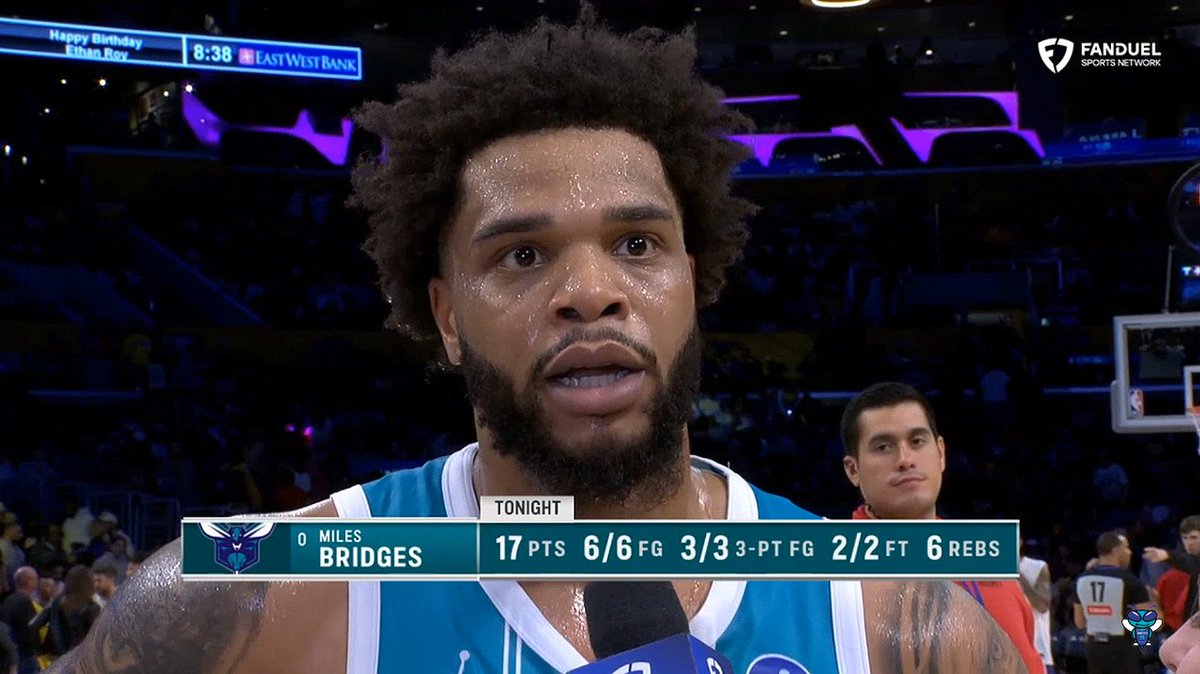 🎙️ Miles Bridges on LaMelo Ball's 7 assists at halftime: "He's a point guard, man—that's what he does. Once he starts making shots, it's going to be our game to lose."