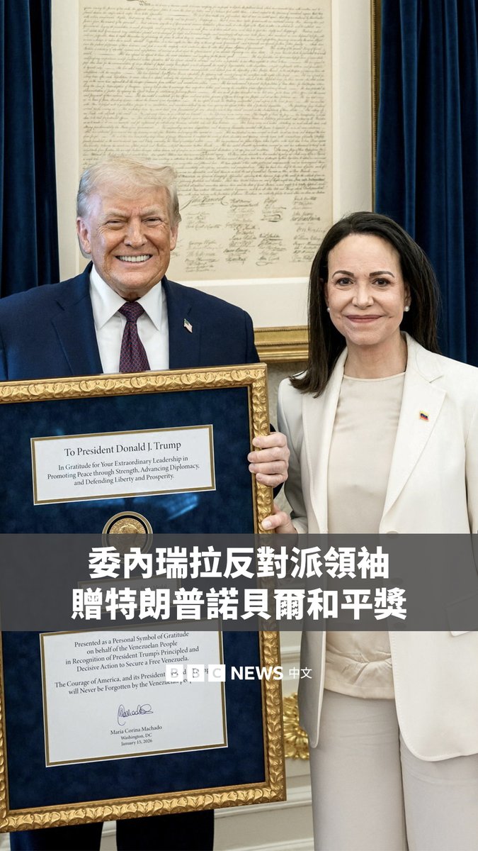 委内瑞拉反对派领袖马查多（María Corina Machado）在白宫会见美国总统特朗普（Donald Trump）期间，将自己的诺贝尔和平奖奖章赠予特朗普，称此举是对他致力于委内瑞拉自由的认可。 特朗普在社交媒体上表示，这一举动是“相互尊重的美好象征”。不过，诺贝尔委员会此前指出，诺贝尔奖本身并不可转让。
