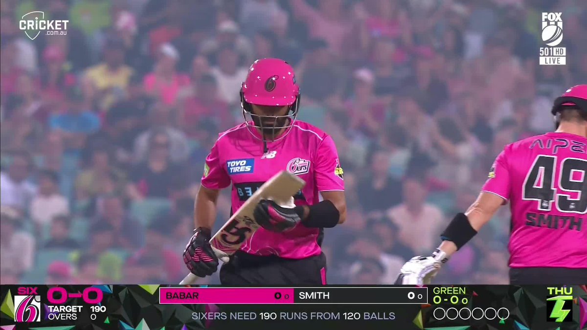 Shot! Babar Azam hits the first ball of the chase to the rope. #BBL15