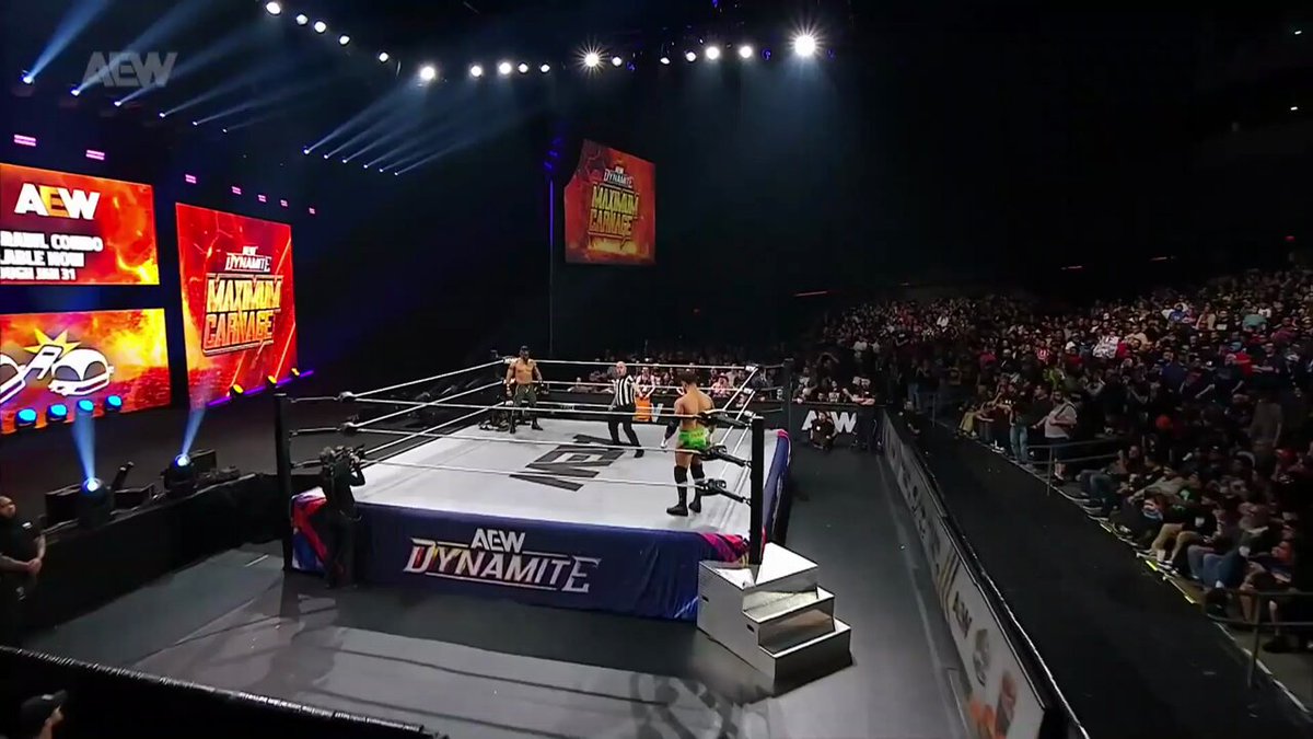 Setting the stage is so important. MJF came in with the fans singing his theme. The match started with chants mixed. Bandido scored an immediate roll up and MJF showed that it got under his skin, snapping at fans, turning them. Clear, effective framing.