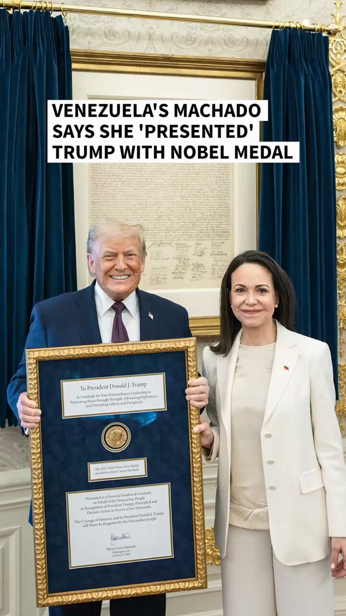 VIDEO: 🇻🇪 🇺🇸 Venezuela's Machado says she 'presented' Trump with Nobel medal Opposition leader Maria Corina Machado said she "presented" her Nobel Peace Prize medal to Donald Trump after meeting with him at the White House. Her gesture comes after the US president said the award should have gone to him, and after he refused to back Machado following the January 3 US military operation to capture Nicolas Maduro #AFPVertical