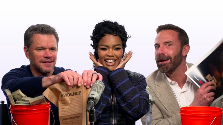 Ben Affleck, Matt Damon, and Teyana Taylor ripping stuff to tell you that THE RIP is now playing.