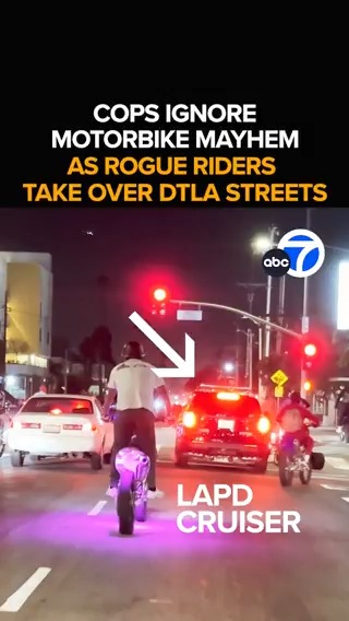 No license plates, no stopping for red lights, no problem. A group of young men on offroad motorbikes takes over DTLA streets as cops watch helplessly. Why didn't officers do anything? Eyewitness News with one explanation for the police inaction. This morning at 6 from ABC7.