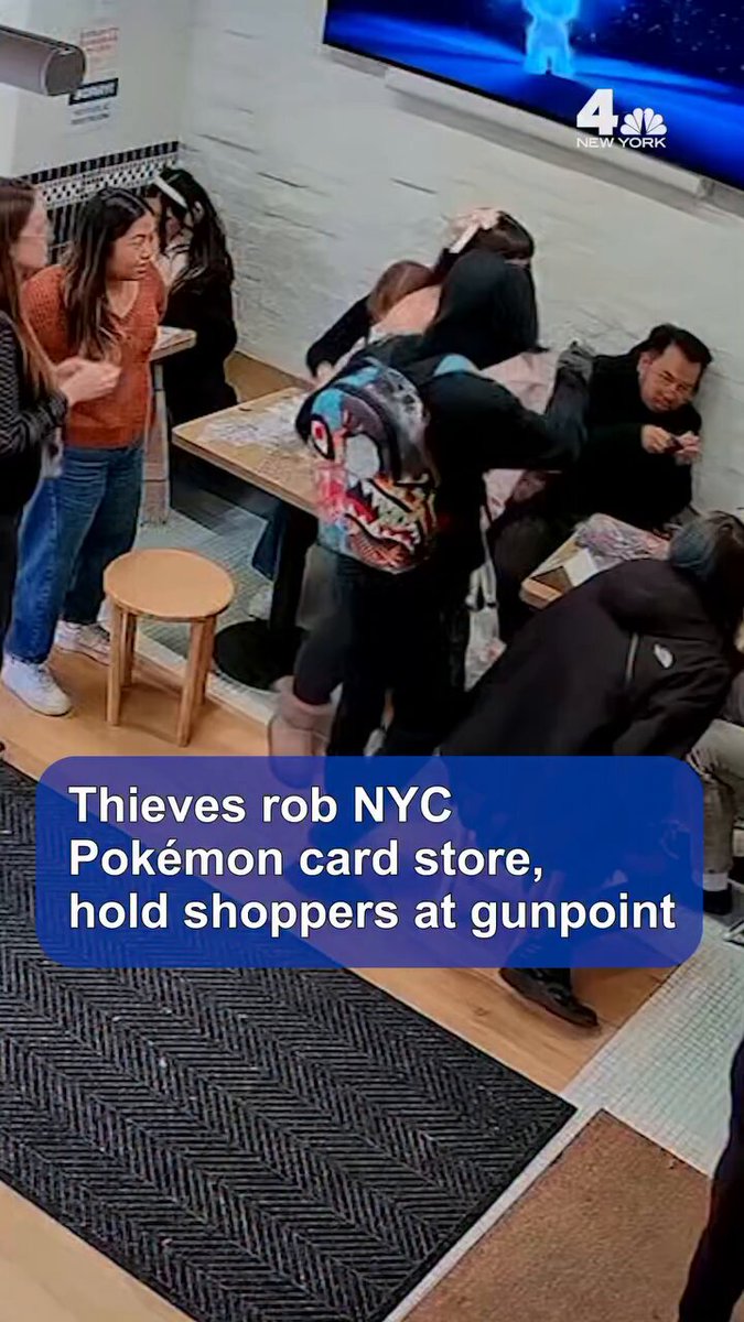 Disturbing footage has emerged of an armed robbery at a Pokémon shop in Manhattan's West Village. The armed and masked thieves broke in around 6:45pm while many customers were in the shop and stole an unknown amount of merchandise and possibly cash. The NYPD is still investigating the situation. 🎥: NBC New York