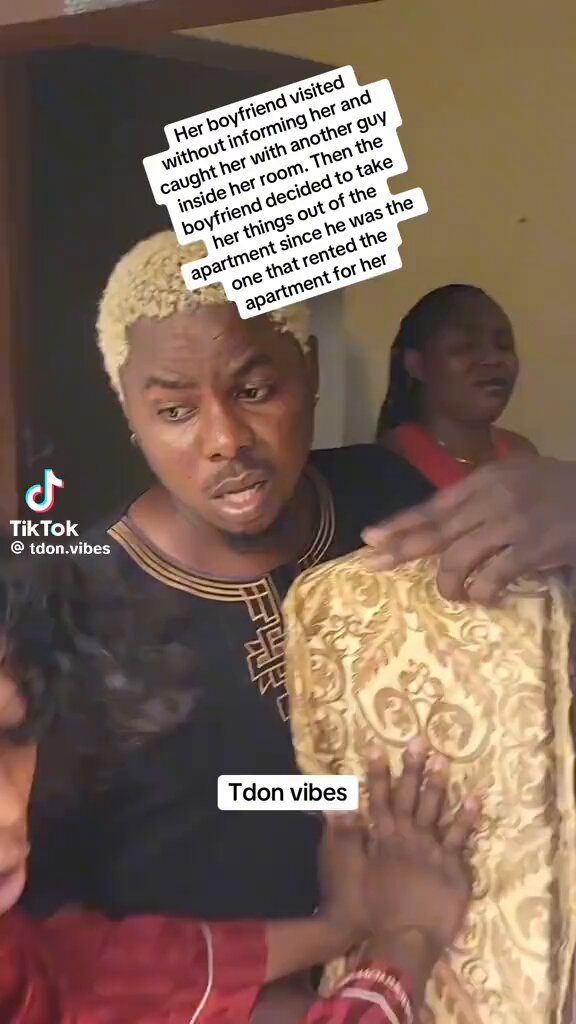 Her boyfriend came to pay her a surprise visit only to meet another man in the house he rented and furnished for her. He has packed out all he bought for her with the help of his friends.