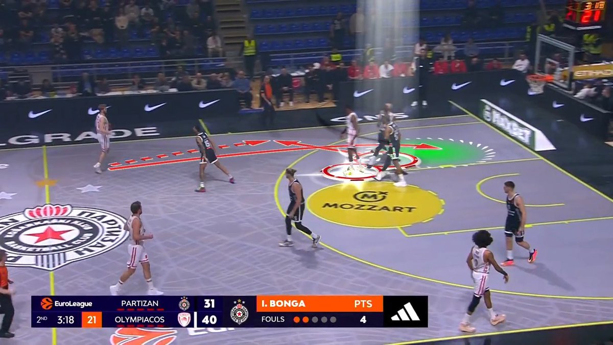 Giorgos Bartzokas' Olympiacos: UCLA post up for Walkup, flowing into a stagger for Vezenkov. Vezenkov reads Osetkowski's intention to deny and back cuts.
