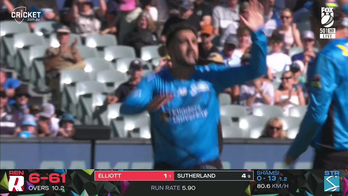 7-61! Tabraiz Shamsi gets in on the act, and the Strikers are all over the Renegades. #BBL15