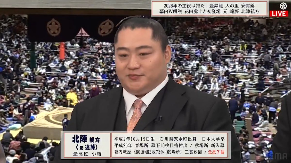 ABEMA大相撲 初場所🎍 本日はダブル解説でお届け✨ メインMCに専属解説の花田虎上さん さらに初登場の北陣親方(遠藤)が登場!! 実況は吉田賢アナ、 ゲストはあかつさんです☺️