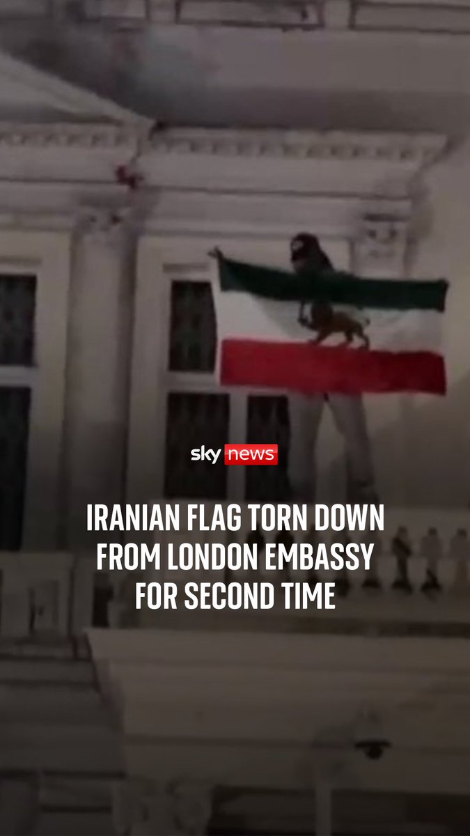 Watch as a protester tears down the Iranian flag from Iran's embassy in London, after a protest erupted into violence. The Metropolitan Police said a number of people had been arrested during the 'violent disorder' outside the building last night.