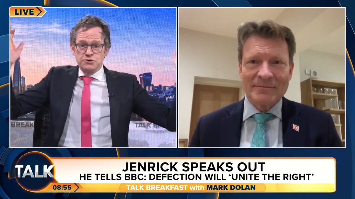 Mark Dolan: "Reform are crying wolf about cancelled elections but won’t have one for their latest recruit". Richard Tice says Robert Jenrick’s constituents voted for “his principles and values and that’s what democracy is all about.” Mark Dolan | Richard Tice MP 🇬🇧