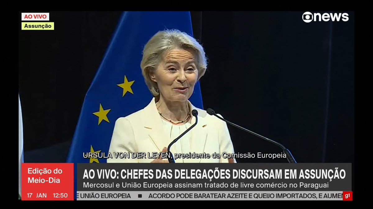 “Escolhemos o comércio justo ao invés de tarifas”, diz a presidente da Comissão Europeia, Ursula von der Leyen, no evento da assinatura do Acordo Mercosul e União Europeia. #JornalGloboNews ➡ Assista à #GloboNews: