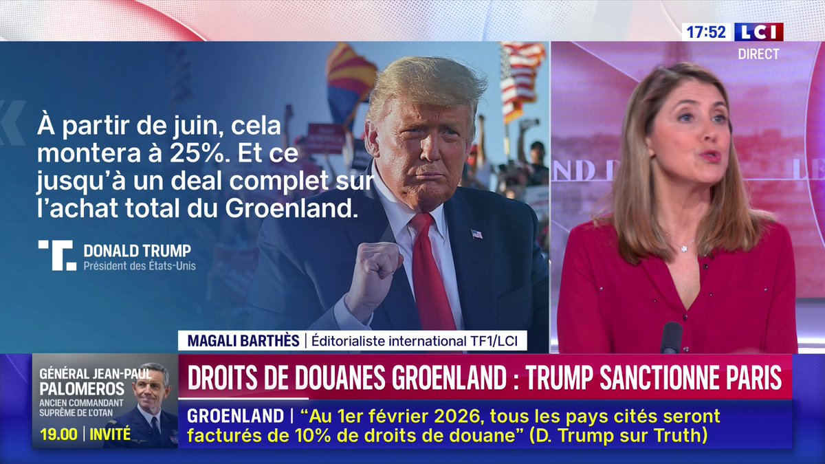 🔴 Groenland : Donald Trump accuse les Européens de jouer à "un jeu dangereux" et impose de nouveaux droits de douane 🗣️ "Il vise la France mais en fait, il vise toute l'Union européenne. Il brandit son arme favorite, c'est une façon de nous intimider" : Magali barthes sur LCI