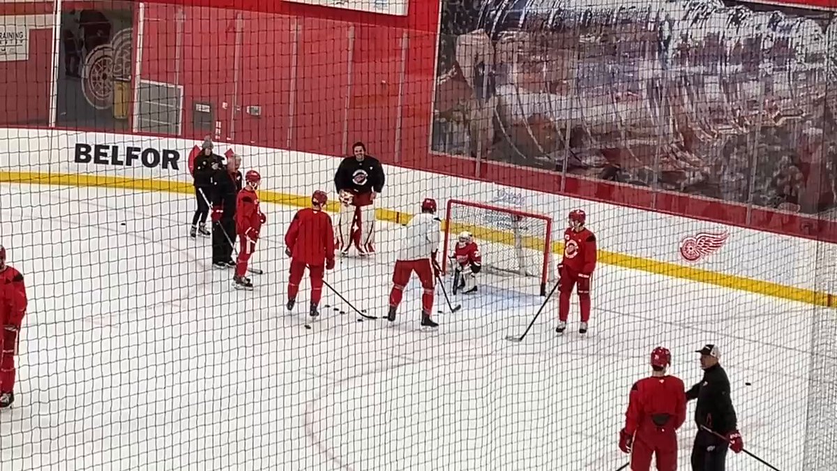 #RedWings wrap up practice by taking some shots on a goalie who’s apparently here on a tryout.