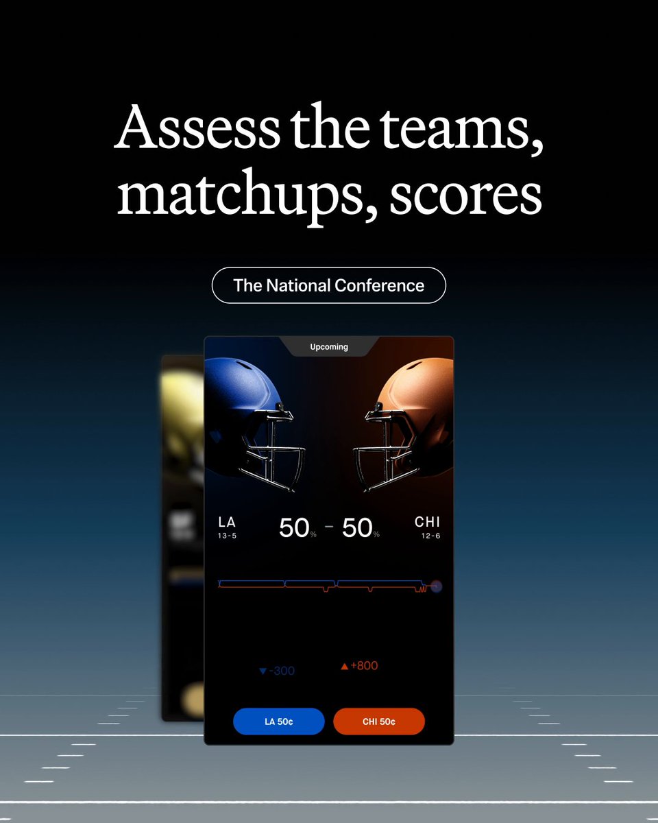 Divisional Round football is on. 🏈 Who is moving one step closer to the title? Break down the teams, matchups, and score — all in the Prediction Markets Hub.