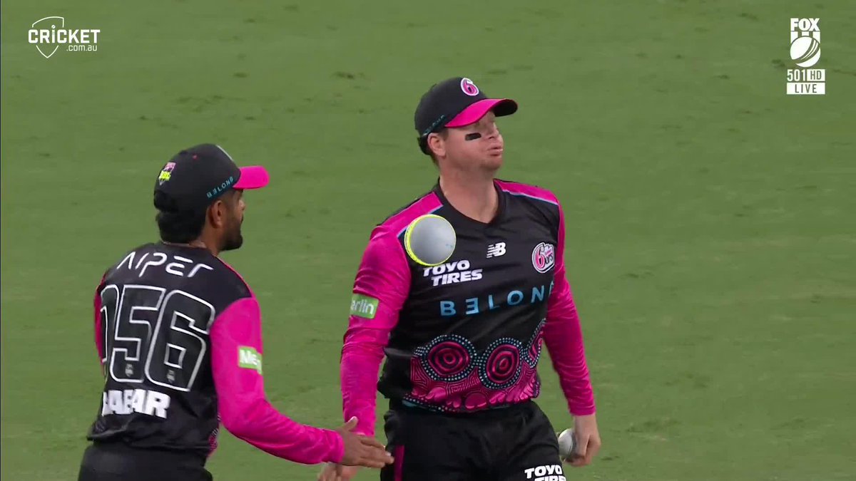 Dropped! Babar Azam was quick to reach Steve Smith after he dropped a very tough chance at The Gabba. #BBL15