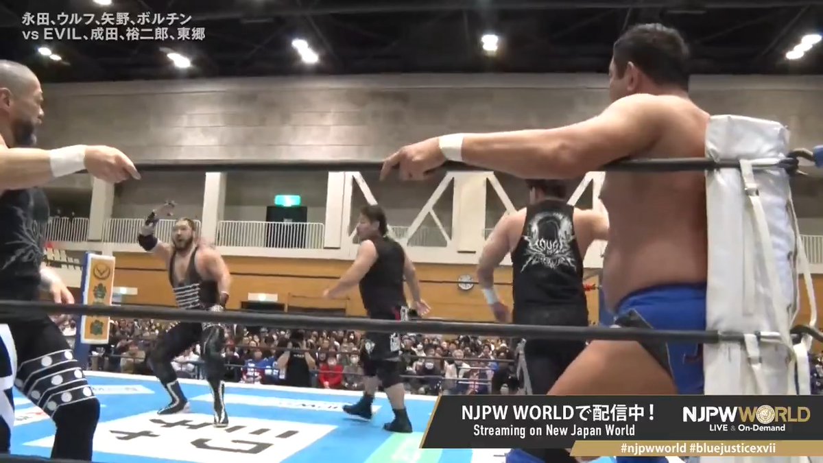 .EVIL &amp; Ren Narita &amp; Yujiro Takahashi &amp; ディック東郷 "Combination Attack → Justice Hand Sword -Pipe Cut-🫡" From the profile URL #NJPW #njpwworld #bluejusticexvii