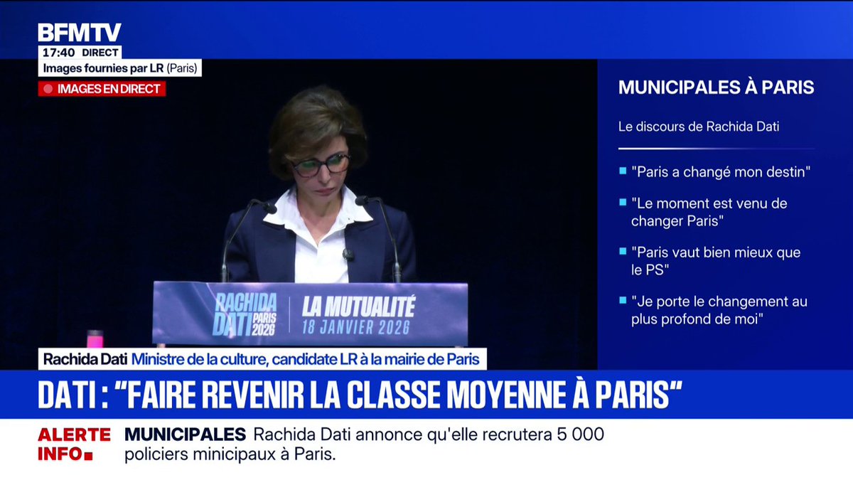 Élection municipale: "Je veux faire revenir la classe moyenne" dans la capitale, déclare Rachida Dati, ministre de la Culture et candidate LR à la mairie de Paris